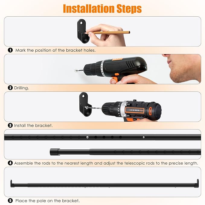 Oval Closet Rod for Hanging Clothes, Adjustable Heavy Duty Closet Rods with End Supports, 18 to 39 Inch Black Clothing Pole for Wardrobes, Laundry, RV