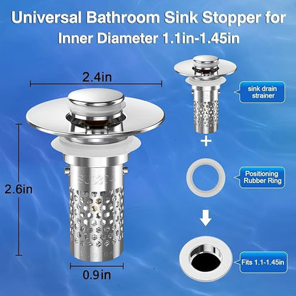 Sink Stopper Hair Catcher, Pop-up Sink Drain Strainer with Removable Stainless Steel Strainer Basket Hair Catcher, Bathroom Sink Strainer for Bathroom Sink Stopper Replacement(New/2PCS)