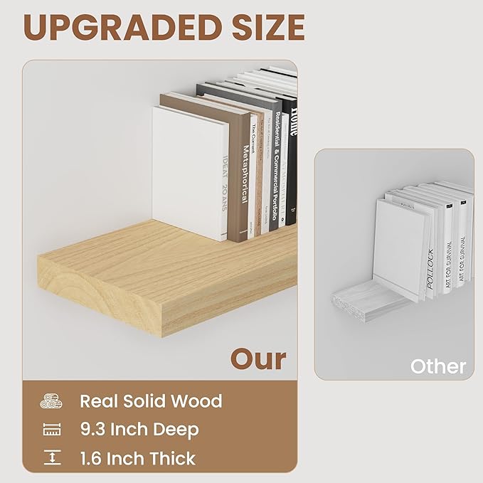 Fun Memories Deep Floating Shelves 16 Inch Long, Natural Wood Floating Shelf for Wall, Set of 2, Rustic 9 Inch Deep Wall Shelves, Deep Bathroom Shelves for Storage & Display, Burlywood
