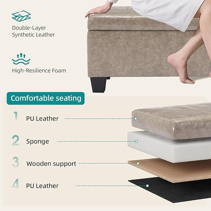 Faux Leather Ottoman with Storage, 41" Storage Bench Foot Rest with Legs, Ottoman Bench Sturdy Wood Frame Supports 660 lbs for Bedroom, Living Room, Entryway, Grey