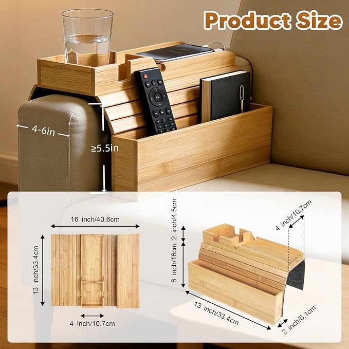Bamboo Foldable Sofa Armrest Tray with Storage, Anti-Slip Cup Holder & Coaster, Splash-Proof Remote Caddy for Snacks and Phones.Fits 4-6 Inch Flat and Mini Curved Sofa Armrest for Home Living Room