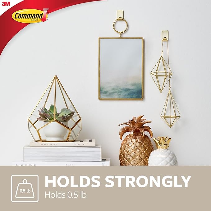 Command Small Metallic Hooks Brass Color, 4 Hooks and 5 Strips, Damage-Free Wall Hook with Adhesive Strips, No Tools Great for Hanging Home Decor, Holds up to 0.5 lb