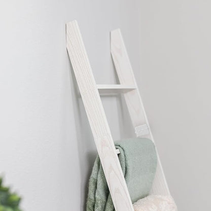 Blanket Ladder for Living Room and Bedroom, 5ft 8 inch, 6-Tier Wall Leaning Laminate Snag Free Construction (White) Rustic Decorative Farmhouse Blanket Storage, Quilt Rack, Ladder Shelf, Easy Assembly