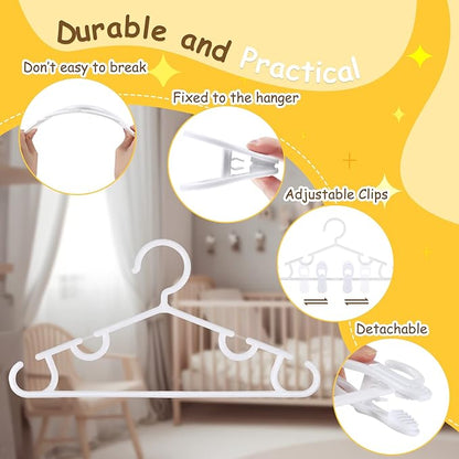 Hsei 5/10/40 Pack Baby Hangers with 10/20/80 Clips, Plastic Kids Pants Hangers for Nursery Closet Top and Bottom Clothes Hanger Set for Newborn Infant Toddler(120 Packs Total,White,10.6 Inch)