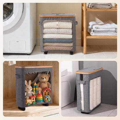 Toilet Paper Storage Organizer with Lid and Wheels, 33L Slim Bathroom Hamper - Holds 16 Rolls, Mobile Laundry Basket for Bathroom, Bedroom, Dorm, Foldable & Waterproof (Grey)