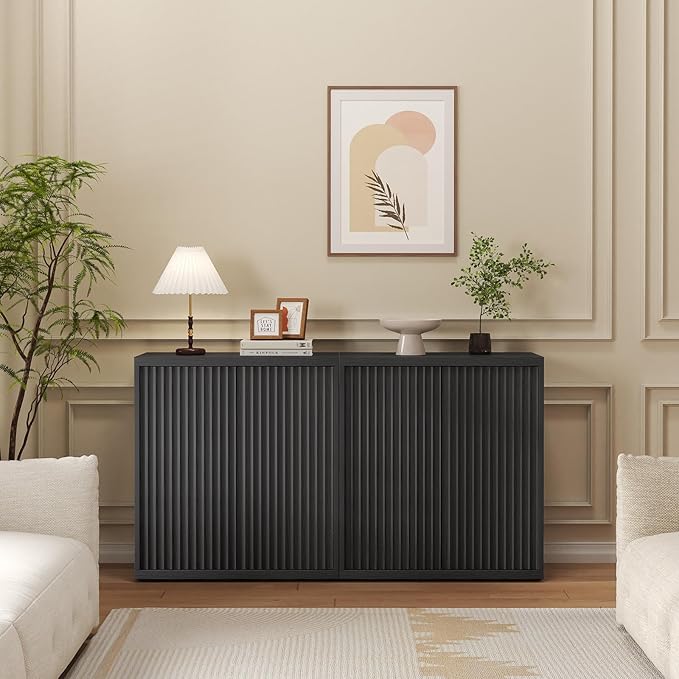 31” Sideboard Cabinet with Storage, Fluted Accent Cabinet with Adjustable Shelves, Modern Wood Credenza Cabinets with Pop-up Doors for Entryway Kitchen Living Room Hallway, Black 3pcs