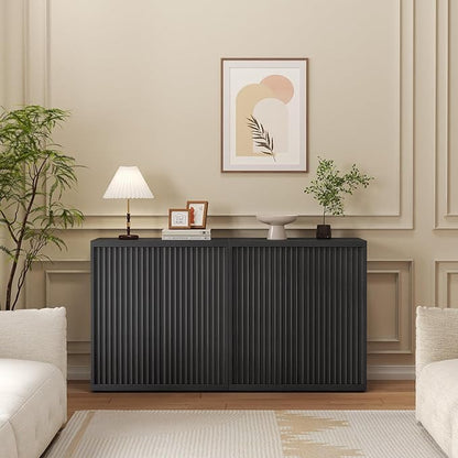 31” Sideboard Cabinet with Storage, Fluted Accent Cabinet with Adjustable Shelves, Modern Wood Credenza Cabinets with Pop-up Doors for Entryway Kitchen Living Room Hallway, Black 2pcs