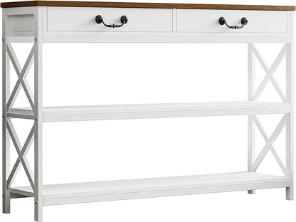 IRONCK Farmhouse Console Table, Sofa Table with Drawer, Narrow Long Entry Table with 2 Shelf for Entryway, Living Room, Hallway, White/Walnut