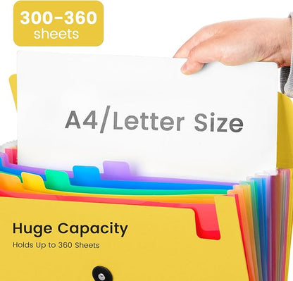 13 Pocket Accordion File Organizer with Elastic Closure, Expanding File Folder for Letter Size A4 Papers, Ideal for Home, Office Supplies, College Essentials - Yellow