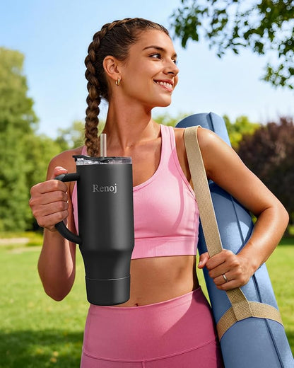 Renoj Tumbler with Handle 100% Leak Proof Insulated Water Bottle for Iced Coffee & Hot Drinks - Fits Car Cup Holder, Ideal Gift, 2 Straws & Silicone Boot BPA-Free - SnapShift Black 40 oz