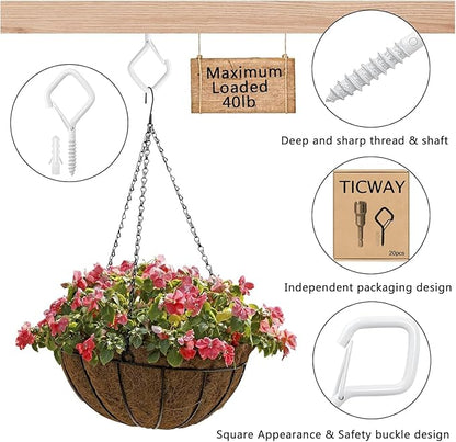 80 Pcs Outdoor Hooks for String Lights,Screw Hooks for Hanging Plants,Ceiling Hooks with Safety Buckle,Square Hanger for Wind Chimes,Bird Feeder,Lanterns,Christmas Decorations White