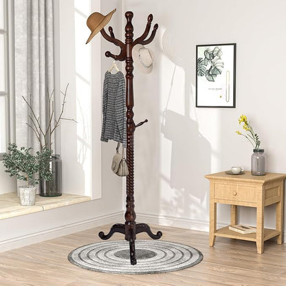 Wooden Coat rack freestanding, Coat racks stand with 11 Hook, Heavy duty coat tree standing 2 Adjustable Heights for Bedroom, Entryway, Hallway, Office,Stury Base (Brown triangle)