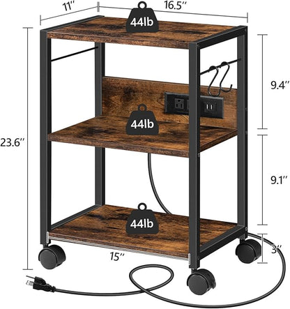 MAHANCRIS Industrial Printer Cart, 3-Tier Mobile Printer Stand, Rolling Cart with Power Outlets and USB Ports, Home Printer Stand with 2 Hooks, for Office, Living Room, Rustic Brown PTHR40E01Z