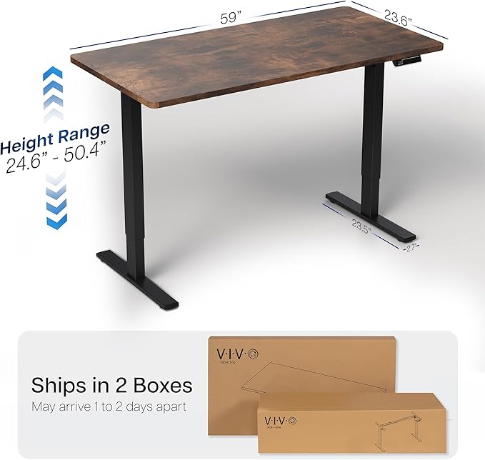 VIVO Electric 60 x 24 in Dual Motor Sit Stand Desk, Memory Height Adjustment, 2B Series, Rustic Vintage Brown Top Black Frame, DESK-KIT-2B6N