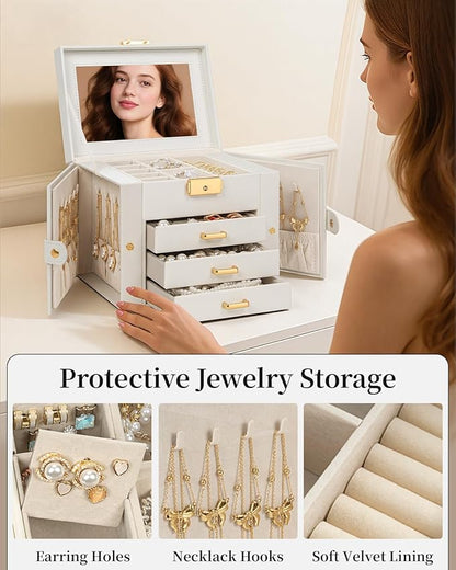 TORIBIO Jewelry Box for Women, Leather Jewelry Organizer with Mirror & Lock, 4-Tier Jewelry Storage Organizer with 3 Drawers for Girls/Women/Mothers, Necklace Earring Bracelets Holder Organizer