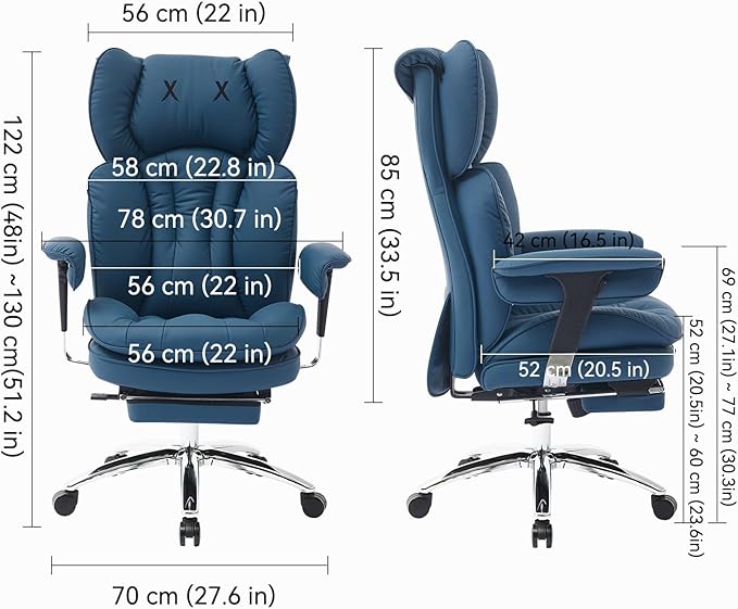 Efomao Big & Tall Executive Office Chair with Footrest - 400lbs Heavy Duty High Back PU Leather Desk Chair, Modern Ergonomic Reclining Computer Chair, Blue