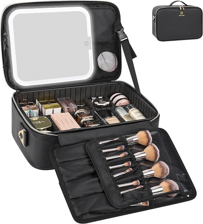 Relavel Makeup Train Case With LED Mirror, Professional Travel Cosmetic Bag with Removable Partitions,Compact Makeup Organizer, Waterproof Toiletry Case for Women, Black
