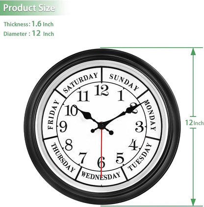 45MinST 12 Inches Retro Wall Clock,Day of The Week Wall Clock,Calendar Day Clock,Silent Non Ticking Battery Operated Movement(Silver)