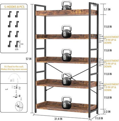 HCHQHS 5 Tier Bookshelf, Adjustable Industrial Bookcase, Vertical Tall Book Shelf, Wood and Black Metal Open Bookshelves for Home Office, Living Room, Bedroom