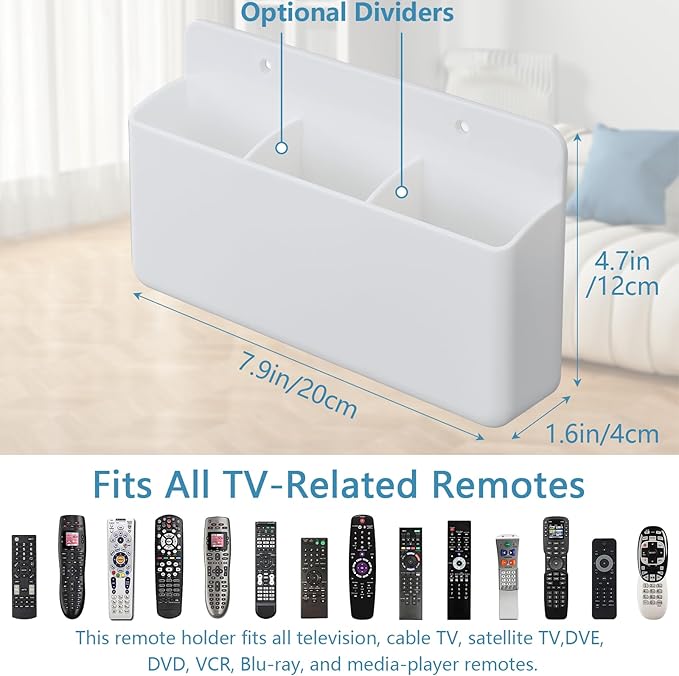 3 Slot Adjustable Remote Control Holder Wall Mount, TV Remote Box Hollow Bottom Slot Easy Phone Charging, Self Adhesive Remote Holder,Wall Pen Holder Storage Accessories for Home Office School (White)