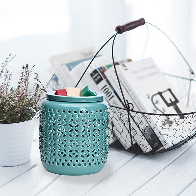 ASAWASA Ceramic Wax Melt Warmer with Timer,Candle Wax Warmer for Scented Wax & Essential Oils,Ideal Gift for Home Office Kitchen(Cyan Copper Coin Pattern)