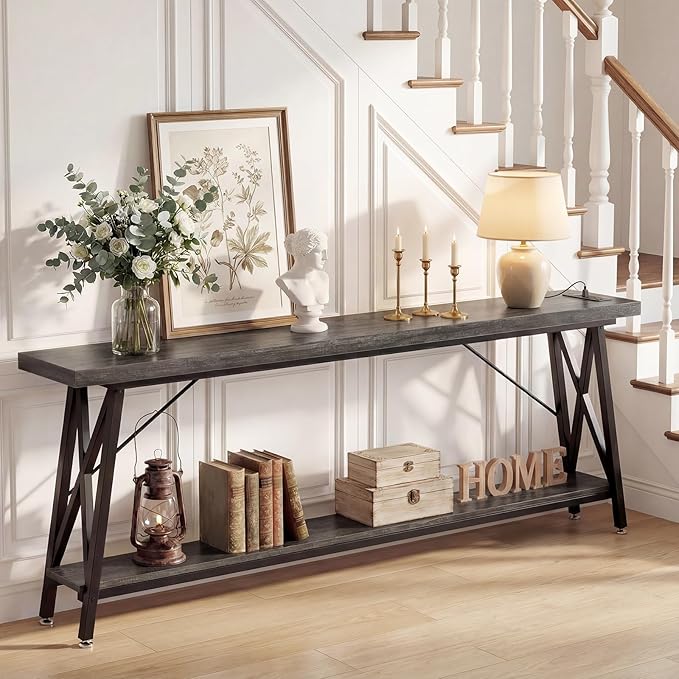Homieasy 70.9 Inch Extra Long Console Table, Industrial Sofa Table Behind Couch with Charging Station & Storage Shelf, Entryway Table for Living Room & Entryway, Grey Oak