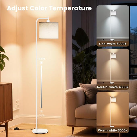 Floor Lamp with Linen Shade, Dimmable Tall Standing Lamp with Remote Control & 3 Color Temperatures, Modern Corner Floor Lamps for Living Room Bedroom Office, 9W LED Bulb Included