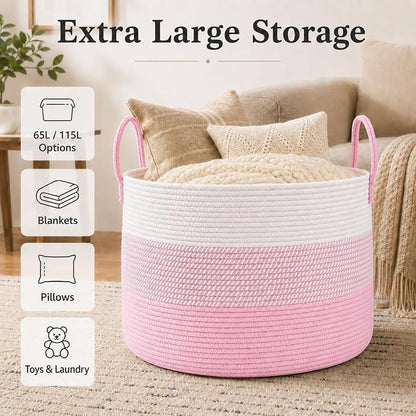 JMvicyroam 65L Extra Large Blanket Basket for Living Room - Woven Cotton Rope Laundry Hamper with Reinforced Handles - Storage Bin for Pillows, Comforters & Toys - Machine Washable,White&Pink Mix