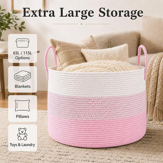JMvicyroam 115L Extra Large Blanket Basket for Living Room - Woven Cotton Rope Laundry Hamper with Reinforced Handles - Storage Bin for Pillows, Comforters & Toys - Machine Washable,White&Pink Mix