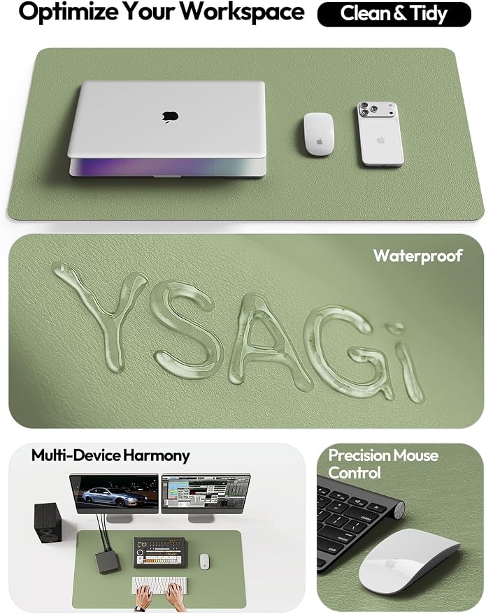 YSAGi Leather Desk Pad Protector, Office Desk Mat, Large Mouse Pad, Non-Slip PU Leather Desk Blotter, Laptop Desk Pad, Waterproof Desk Writing Pad for Office and Home (Bamboo Green,55" x 24")