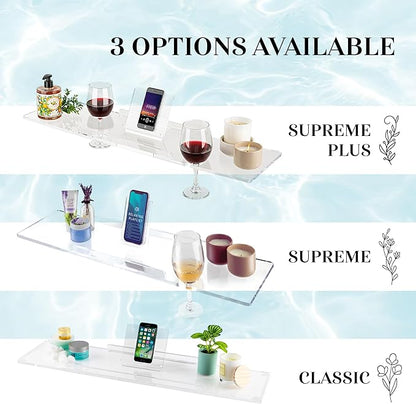 32" Supreme - Clear Acrylic Bathtub Tray Caddy Tub Shelf, Spa Board Luxury Bathroom Bath tub Table, Fits Across Bathtubs, Book, iPad and Wine Glass Holder (Supreme, 32")