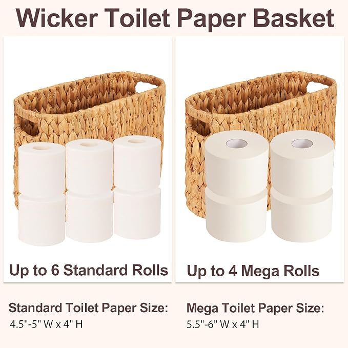 FairyHaus Wicker Toilet Paper Storage Basket with Buit-in Handles, 6 Rolls Natural Water Hyacinth Toilet Paper Holder Stand with Storage, Freestanding Handwoven Toilet Paper Holder Basket for Bathroom
