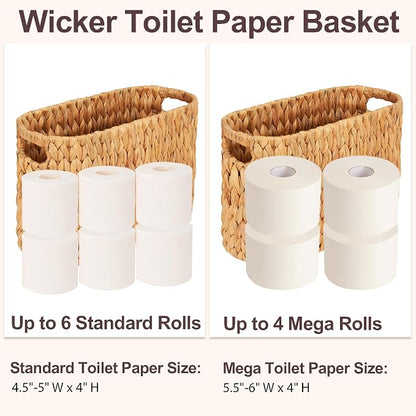 FairyHaus Wicker Toilet Paper Storage Basket with Buit-in Handles, 6 Rolls Natural Water Hyacinth Toilet Paper Holder Stand with Storage, Freestanding Handwoven Toilet Paper Holder Basket for Bathroom