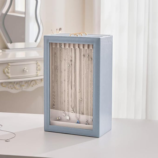 Lolalet Necklace Organizer Box, Jewelry Storage Box with Clear Window for Necklaces Bracelets, Tangle-Free Necklace Display Case for Women Girls, Dusty Blue, 3 Layers 30 Hooks