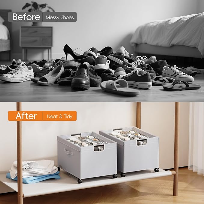 HOUSE AGAIN Shoe Organizer for Closet, Foldable Shoe Storage Organizer Box with Wheels and Adjustable Dividers, Sturdy Metal Frame Fits up to 16-32 Pairs, Large Shoes Storage with Clear Cover