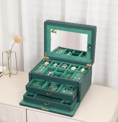 Genuine Leather Jewelry Box – 3 Layer Large Jewelry Organizer with Mirror, Lockable Jewelry Box for Women – Necklace, Ring, Earring Organizer with Drawer - Gifts(Green)