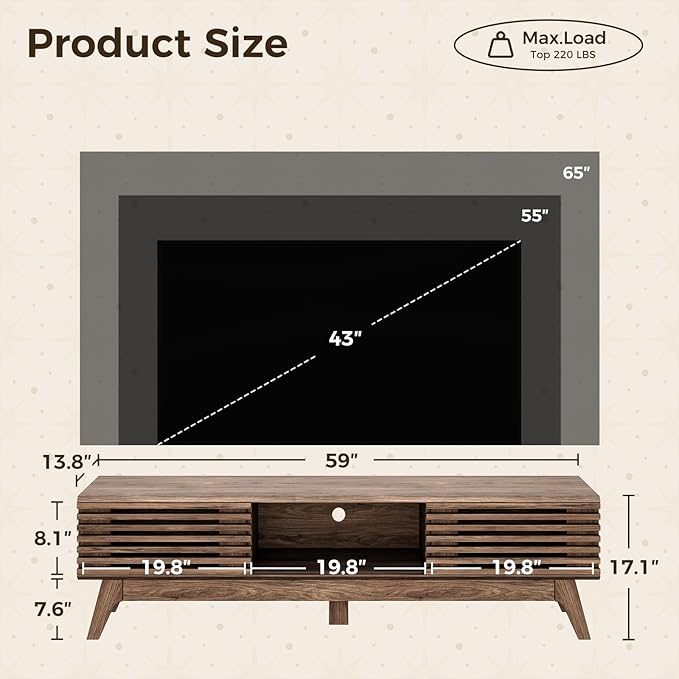AODK 59" TV Stand for 55"/60"/65" TVs, Mid-Century Modern Fluted Entertainment Center with Sliding Doors, Storage Cabinets & Media Console Table, Living Room & Bedroom, Walnut