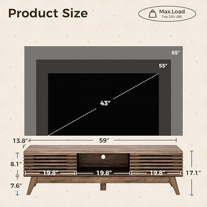 AODK 59" TV Stand for 55"/60"/65" TVs, Mid-Century Modern Fluted Entertainment Center with Sliding Doors, Storage Cabinets & Media Console Table, Living Room & Bedroom, Walnut