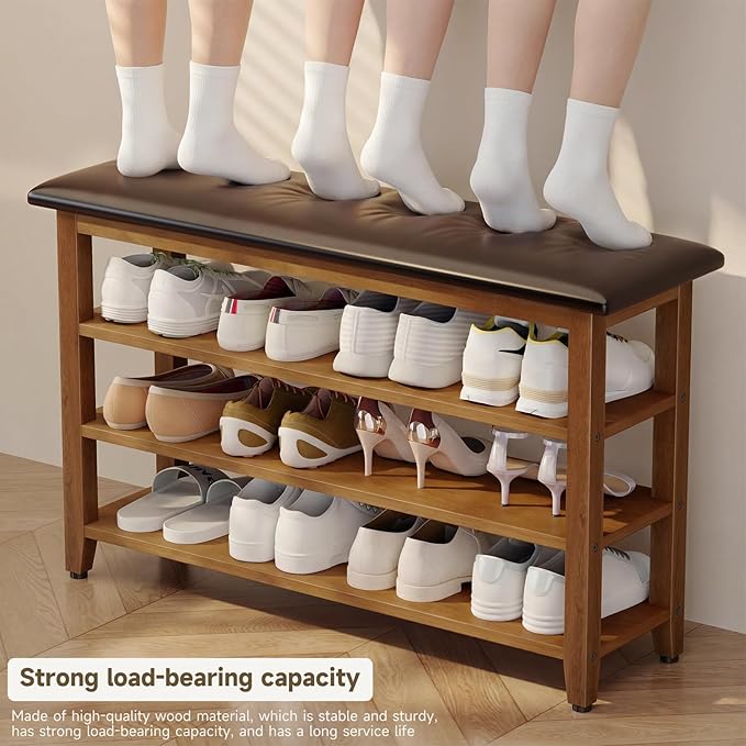 Shoe Bench with Leather Cushion,Wood Bench with Shoe Rack,3-Tier Shoe Storage Organizer for Entryway,Hallway,Living Room (Brown, 3-Tier-39.4")