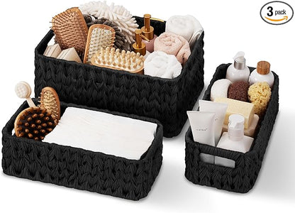GRANNY SAYS Wicker Baskets for Storage, Wicker Storage Basket for Organizing, Large Woven Baskets, Waterproof Basket for Vanity, Home Decor, Black, 3-Pack