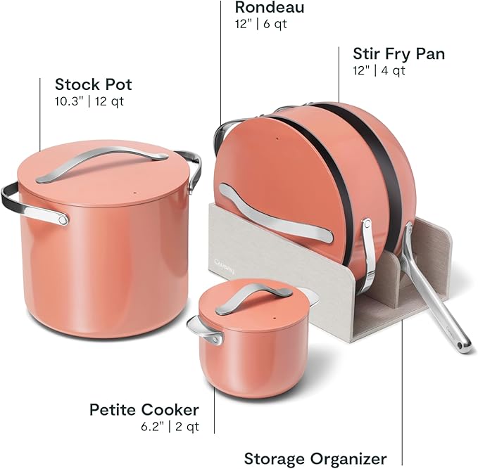 Caraway 24-Piece Nonstick Ceramic Cookware Set - Includes Fry Pans, Sauce, Sauté Pan, Dutch Oven, Petite Cooker, Stir Fry, Rondeau, Stock Pot, Lids & Storage Organizers - Perracotta