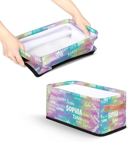 Personalized Narrow Storage Bins, Customized Name Storage Basket Rectangle Organizer for Organizing Kids Pets Toys Towels Socks Shelf Closet, Colorful Light Pink Purple Yellow Blue Glittering