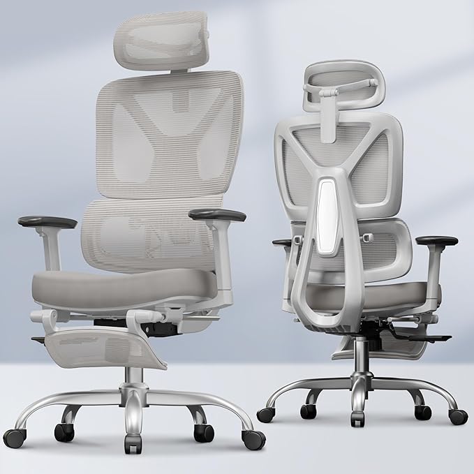 FLEXISPOT ErgoX Premium Ergonomic Office Chair with Footrest- Adjustable 3D Armrests, Dynamic Lumbar Support, Recline & Tilt Function, Mesh Seat, for Home & Office Use,Grey Foam