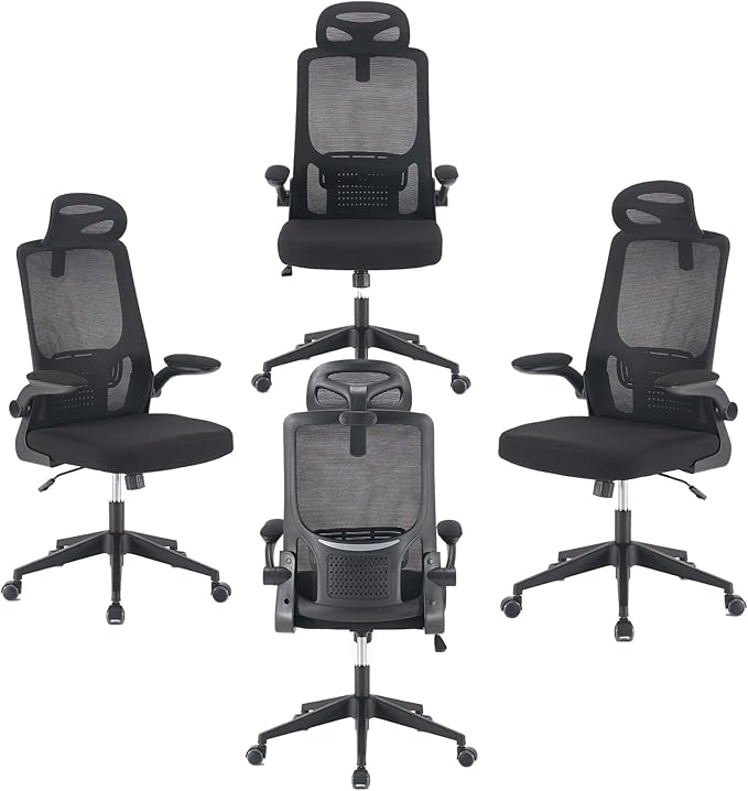Office Computer Desk Chair, High Back Mesh Home Office Conference Room Chairs with Adjustable Headrest, Flip-Up Arms, Comfortable Lumbar Support, Black (Set of 4)