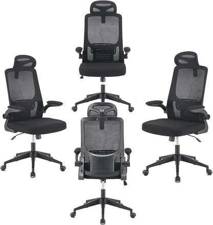 Office Computer Desk Chair, High Back Mesh Home Office Conference Room Chairs with Adjustable Headrest, Flip-Up Arms, Comfortable Lumbar Support, Black (Set of 4)