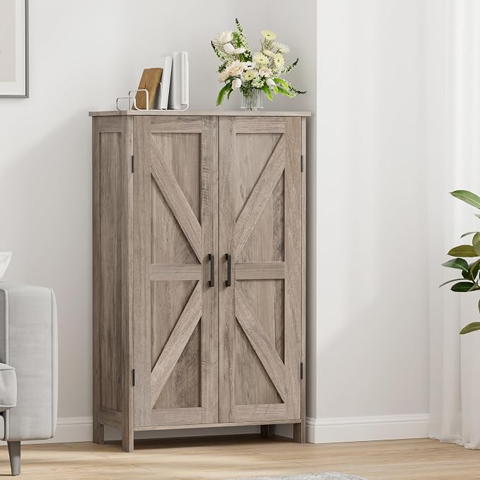 Homleke Farmhouse Bathroom Cabinet with Adjustable Shelves, Free-Standing Storage Cabinet with Barn Doors, for Kitchen, Living Room, Dining Room, Entryway, Greige
