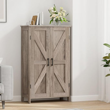 Homleke Farmhouse Bathroom Cabinet with Adjustable Shelves, Free-Standing Storage Cabinet with Barn Doors, for Kitchen, Living Room, Dining Room, Entryway, Greige