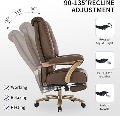 Big and Tall Executive Office Chair with Footrest, 400LBS Capacity Ergonomic High-Back Desk Office Chair with Lumbar Support, Padded Armrests & Thick Cushion, Brown PU Leather Chairs