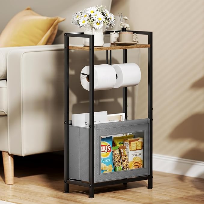 Toilet Paper Holder Free Standing with Storage Basket, Bathroom Tissue Holder Stand with Top Wood Shelf for Phones, Wet Wipes, Small Plants, Metal Toilet Paper Rack for Bathroom Organizer, Black