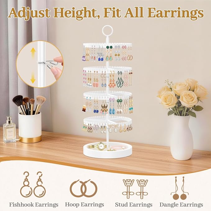 MODOWEY 4 Tier Rotating Earring Holder Organizer Display Tree with Wooden Tray, Adjustable Plastic Stand with 228 Slots for Stud Hoop Hanger, Large Capacity Storage Rack for Women Space Saving, White